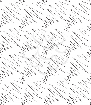 Inked strokes in diagonal zigzag on white.Seamless pattern. Fabric design. Simple hand drawn hatched design.