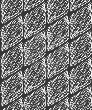 Inked strokes in diamond shape on black.Seamless pattern. Fabric design. Simple hand drawn hatched design.