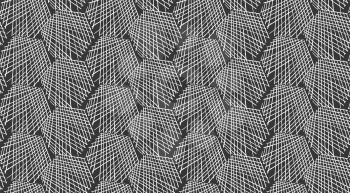 Inked strokes in hexagon shape on black.Seamless pattern. Fabric design. Simple hand drawn hatched design.
