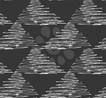 Inked strokes in scribbled triangles on black.Seamless pattern. Fabric design. Simple hand drawn hatched design.