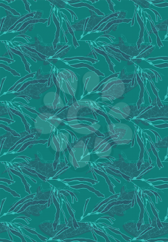 Kelp green with low poly fish.Seamless pattern. Kelp fabric design