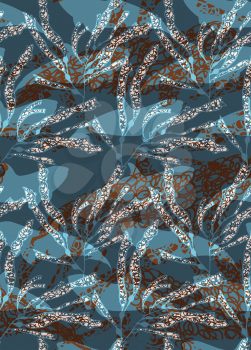 Underwater brown fish overlapping kelp.Seamless pattern.Ocean life fabric design.  