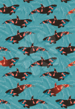Underwater fish triangular red.Seamless pattern.Ocean life fabric design.  