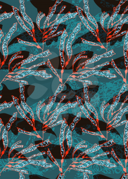 Underwater red fish overlapping kelp.Seamless pattern.Ocean life fabric design.  