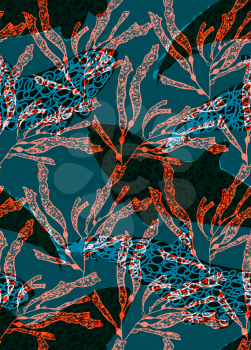 Underwater scribble red fish overlapping kelp.Seamless pattern.Ocean life fabric design.  