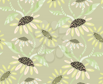 Abstract geometrical sunflower on light green.Hand drawn floral seamless background.Botanical repainting design for fabric or textile.Seamless pattern with flowers.Vintage retro colors