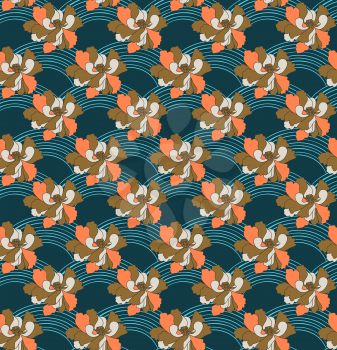 Aster flower orange with green.Hand drawn floral seamless background.Botanical repainting design for fabric or textile.Seamless pattern with flowers.Vintage retro colors