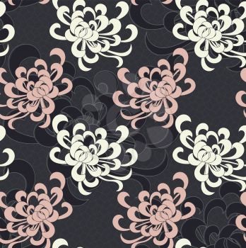 Aster flower overlapping on black.Seamless pattern. Floral fabric collection.