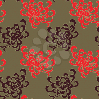 Aster flower red and brown on green.Seamless pattern. Floral fabric collection.