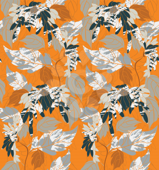 Aster flowers on vine on orange.Hand drawn floral seamless background.Botanical repainting design for fabric or textile.Seamless pattern with flowers.Vintage retro colors