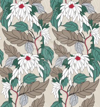 Aster flowers on vine with green.Hand drawn floral seamless background.Botanical repainting design for fabric or textile.Seamless pattern with flowers.Vintage retro colors
