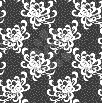 Aster flower white on black net.Seamless pattern. Floral fabric collection.