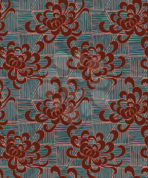 Aster flower with rough striped texture green and brown.Seamless pattern. Floral fabric collection.