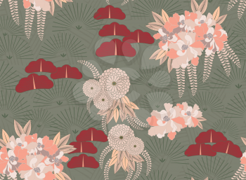 Aster green flower Japanese garden.Hand drawn floral seamless background.Botanical repainting design for fabric or textile.Seamless pattern with flowers.Vintage retro colors