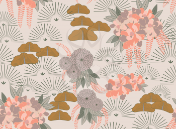 Aster pink flower Japanese garden.Hand drawn floral seamless background.Botanical repainting design for fabric or textile.Seamless pattern with flowers.Vintage retro colors