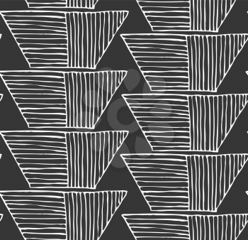 Striped inked rough half hexagon braid on black.Seamless pattern. Hand drawn seamless background.