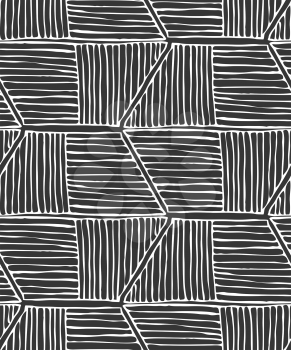 Striped inked rough hexagons on black.Seamless pattern. Hand drawn seamless background.
