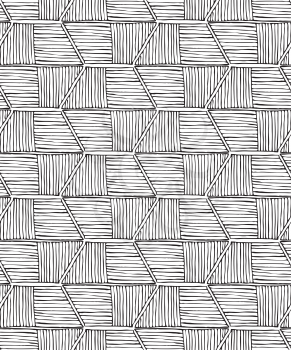 Striped inked rough hexagons on white.Seamless pattern. Hand drawn seamless background.