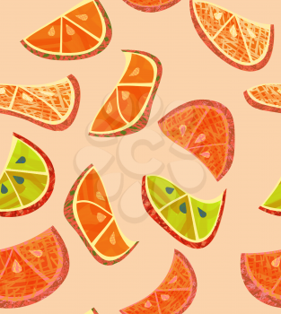 Abstract orange slices with texture on cream.Hand drawn with ink and colored with marker brush seamless background.Creative hand made brushed design.