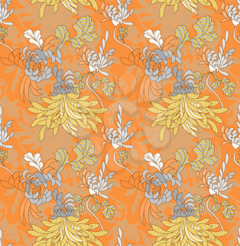 Aster flower with concentric circles orange.Seamless pattern.  