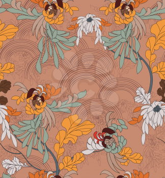 Aster flower with yellow leaves on brown arcs.Hand drawn with ink seamless background.Creative hand made brushed design.Flower pattern Japanese motives.Repainting vintage background for fashion fabric
