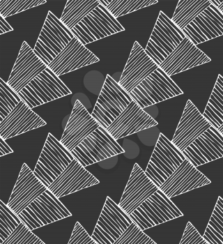 Hatched trapezoids diagonal on black.Hand drawn with ink and marker brush seamless background.