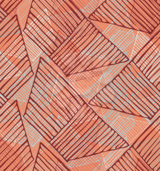 Hatched trapezoids on orange.Hand drawn with ink and marker brush seamless background.