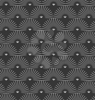 Ray striped half circles on black.Black and white geometrical repainting pattern. Seamless design for fashion fabric textile. Vector background with simple geometrical shapes.