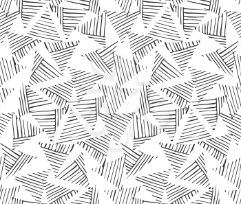 Rough hatched triangles black on white.Hand drawn with ink seamless background.Rough texture created with hatched geometrical shapes.