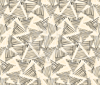 Rough hatched triangles black on yellow.Hand drawn with ink seamless background.Rough texture created with hatched geometrical shapes.