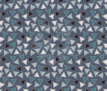 Rough hatched triangles colored on blue.Hand drawn with ink seamless background.Rough texture created with hatched geometrical shapes.