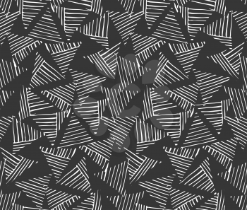 Rough hatched triangles white on black.Hand drawn with ink seamless background.Rough texture created with hatched geometrical shapes.