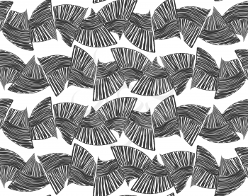 Sea shell peaces in wavy pattern black on white.Hand drawn with ink seamless background.Creative handmade repainting design for fabric or textile.Geometric pattern made of striped trapezoids forming w