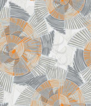Striped pinwheels big light gray and orange.Hand drawn with ink seamless background. Creative handmade repainting design for fabric or textile. Geometric pattern with striped circular shapes. Vintage 