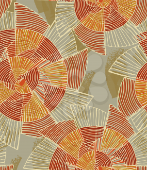 Striped pinwheels big orange and olive green.Hand drawn with ink seamless background. Creative handmade repainting design for fabric or textile. Geometric pattern with striped circular shapes. Vintage