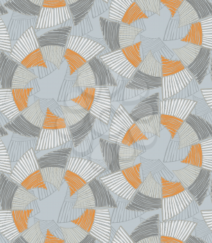 Striped pinwheels gray with orange.Hand drawn with ink seamless background. Creative handmade repainting design for fabric or textile. Geometric pattern with striped circular shapes. Vintage retro col
