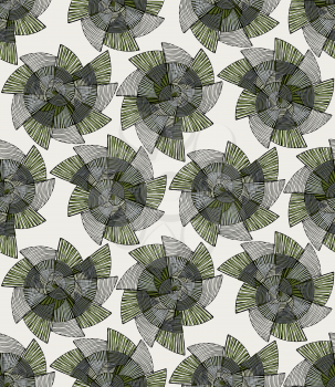 Striped pinwheels green.Hand drawn with ink seamless background. Creative handmade repainting design for fabric or textile. Geometric pattern with striped circular shapes. Vintage retro colors.