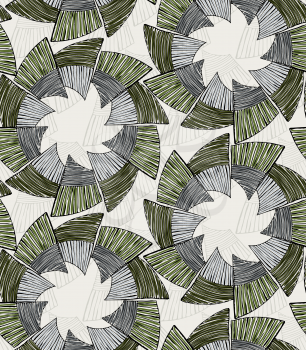 Striped pinwheels green on gray.Hand drawn with ink seamless background. Creative handmade repainting design for fabric or textile. Geometric pattern with striped circular shapes. Vintage retro colors