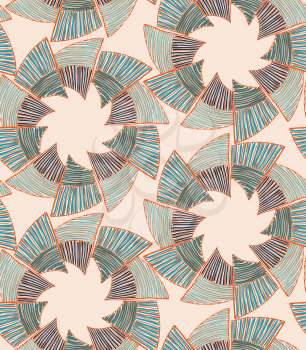 Striped pinwheels on cream.Hand drawn with ink seamless background. Creative handmade repainting design for fabric or textile. Geometric pattern with striped circular shapes. Vintage retro colors.
