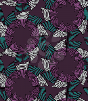 Striped pinwheels on purple.Hand drawn with ink seamless background. Creative handmade repainting design for fabric or textile. Geometric pattern with striped circular shapes. Vintage retro colors.
