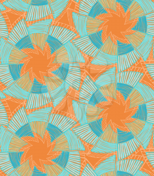 Striped pinwheels orange and blue.Hand drawn with ink seamless background. Creative handmade repainting design for fabric or textile. Geometric pattern with striped circular shapes. Vintage retro colo
