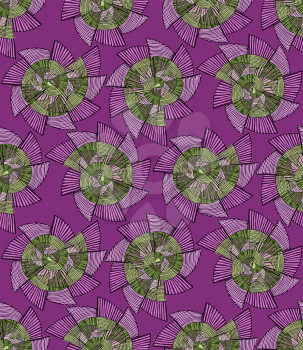 Striped pinwheels purple and green.Hand drawn with ink seamless background. Creative handmade repainting design for fabric or textile. Geometric pattern with striped circular shapes. Vintage retro col