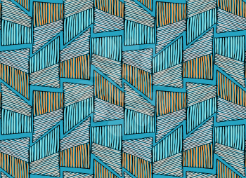 Striped triangular shapes blue.Hand drawn with ink and marker seamless background.Creative handmade repainting design for fabric or textile.Geometric pattern with triangles.Vintage retro colors