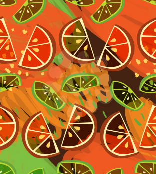Textured orange and lime slices on scribbled orange.Collage seamless background.