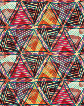 Triangles red brown striped on texture.Hand drawn with ink seamless background.Creative handmade repainting design for fabric or textile.Geometric pattern with triangles.Vintage retro colors