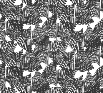 Wavy trapezoids black on white.Hand drawn with ink seamless background.Rough texture created with hatched geometrical shapes.