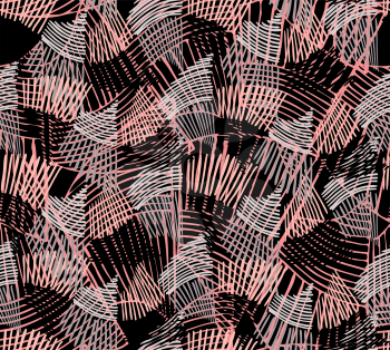 Wavy trapezoids overlapping pink.Hand drawn with ink seamless background.Rough texture created with hatched geometrical shapes.