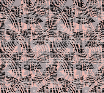 Wavy trapezoids pink and brown overplayed with texture.Hand drawn with ink seamless background.Rough texture created with hatched geometrical shapes.