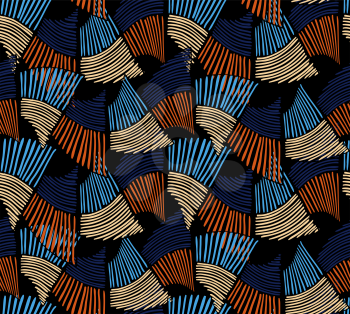 Wavy trapezoids striped blue yellow orange.Hand drawn with ink seamless background.Rough texture created with hatched geometrical shapes.