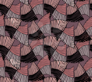 Wavy trapezoids striped pink.Hand drawn with ink seamless background.Rough texture created with hatched geometrical shapes.